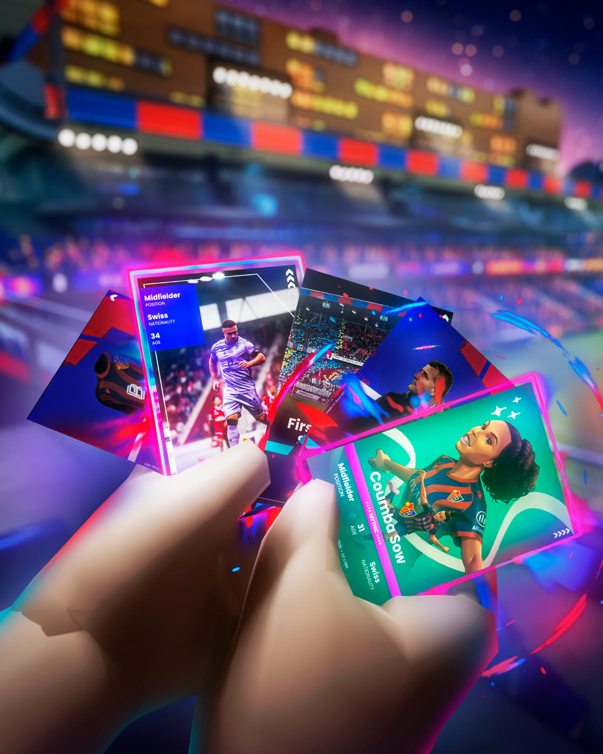 A hand of collectible cards opened in-game, with a glowing Mythic card