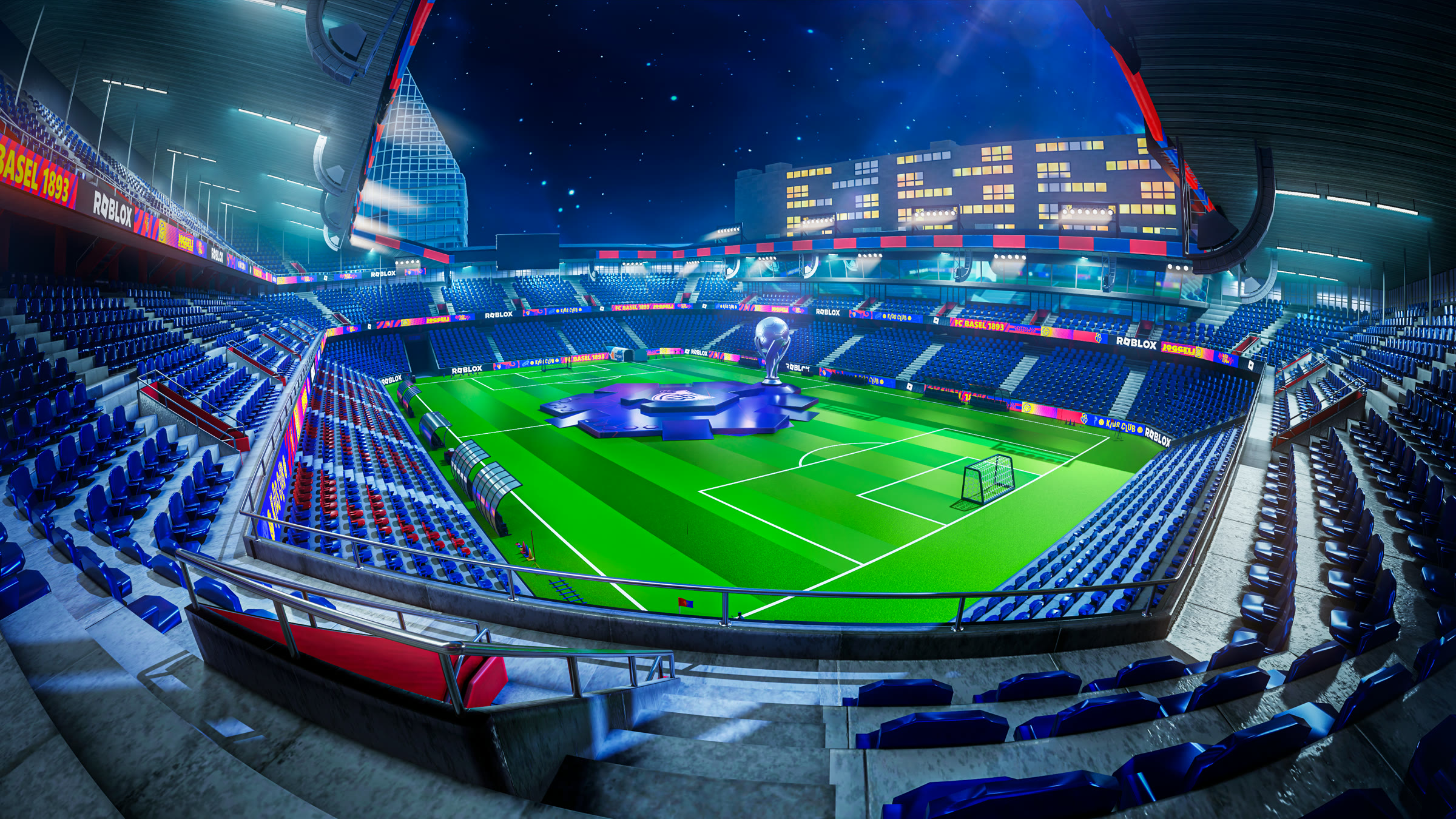 A club stadium rebuilt inside Roblox, at night, in club colors